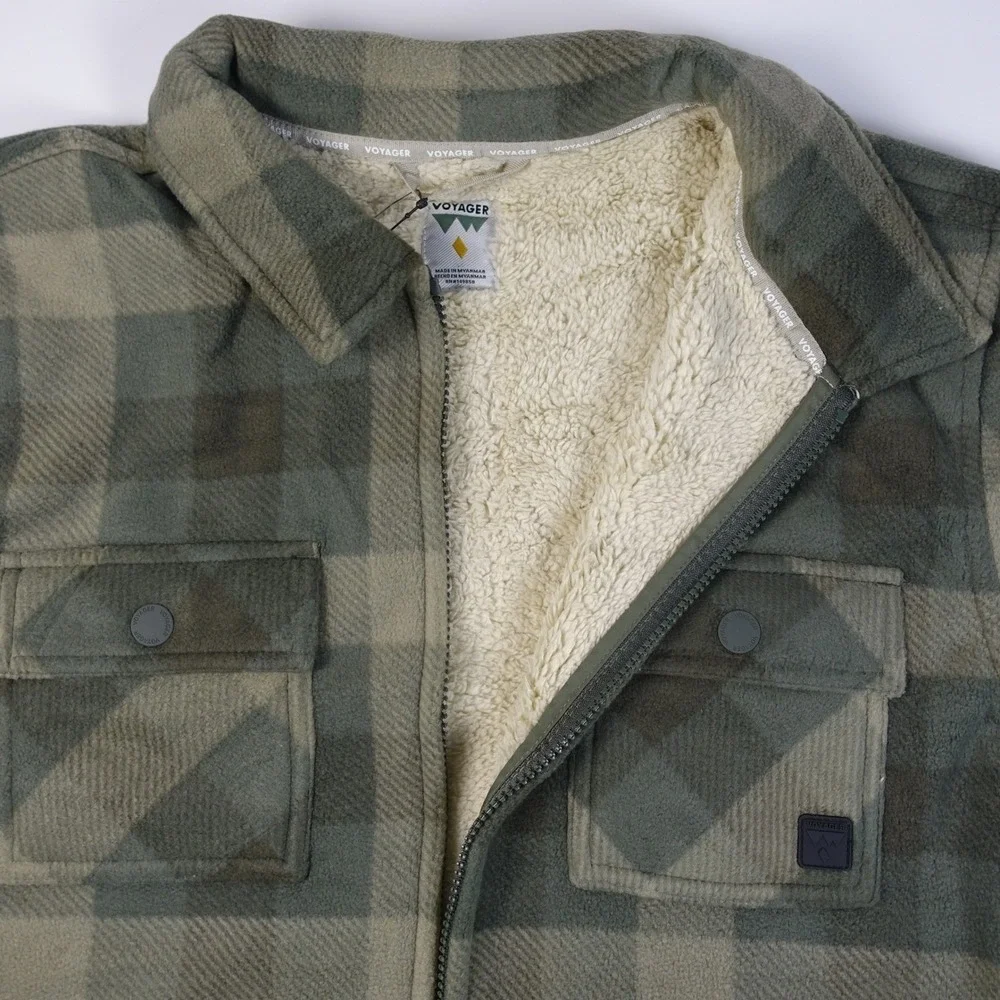 Voyager Plaid Sherpa Lined Fleece Shirt Jacket Men 3XL Green Zipper Front